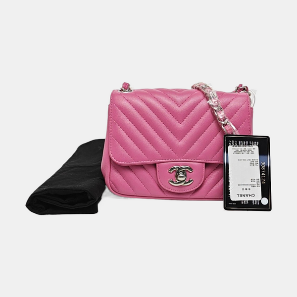 Authenticated pre-owned  Classic Flap Mini Square Chevron Lambskin Pink - Crossbody Bag at Looply