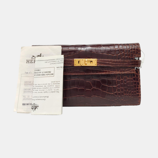 Authenticated pre-owned  Kelly Shiny Porosus Crocodile Brown Wallet - Wallet at Looply