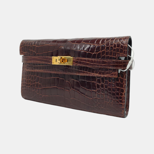 Authenticated pre-owned  Kelly Shiny Porosus Crocodile Brown Wallet - Wallet at Looply