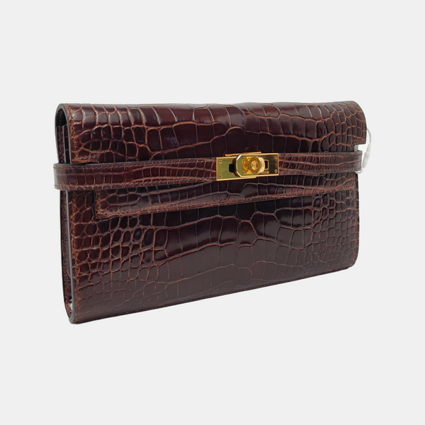 Authenticated pre-owned  Kelly Shiny Porosus Crocodile Brown Wallet - Wallet at Looply