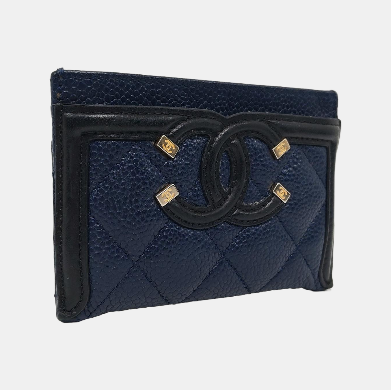 Authenticated pre-owned  Filigree Quilted Grained Calfskin Blue Card Holder - Card Holder at Looply