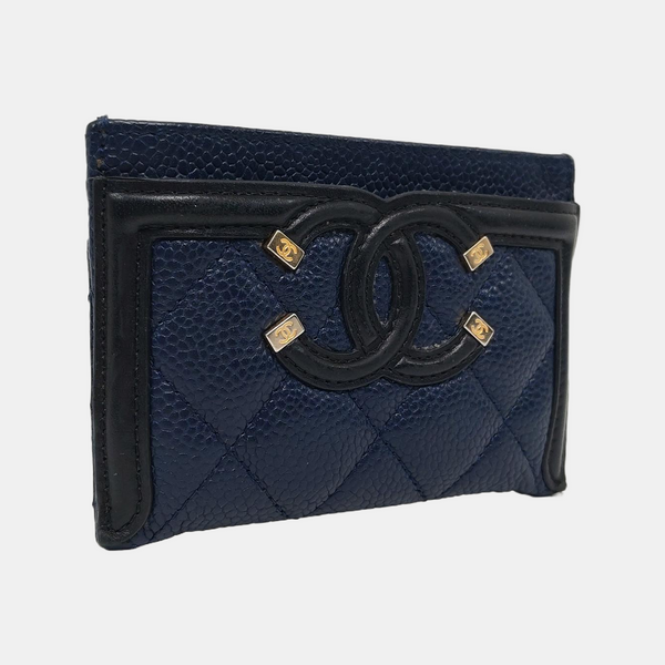 Authenticated pre-owned  Filigree Quilted Grained Calfskin Blue Card Holder - Card Holder at Looply
