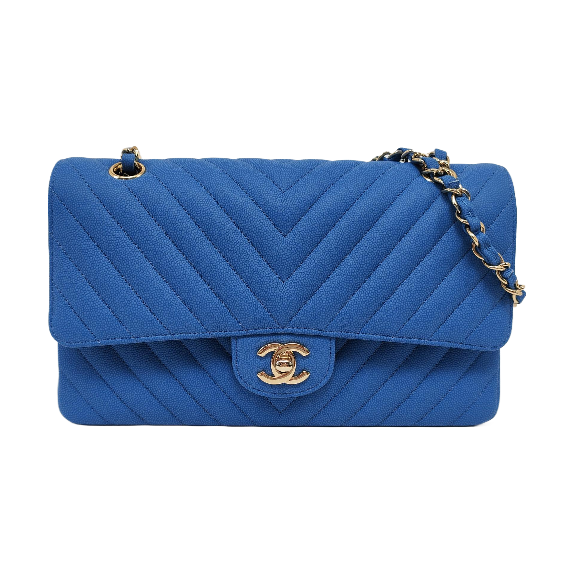 Authenticated pre-owned  Classic Flap Medium Chevron Grained Calfskin Blue - Shoulder Bag at Looply