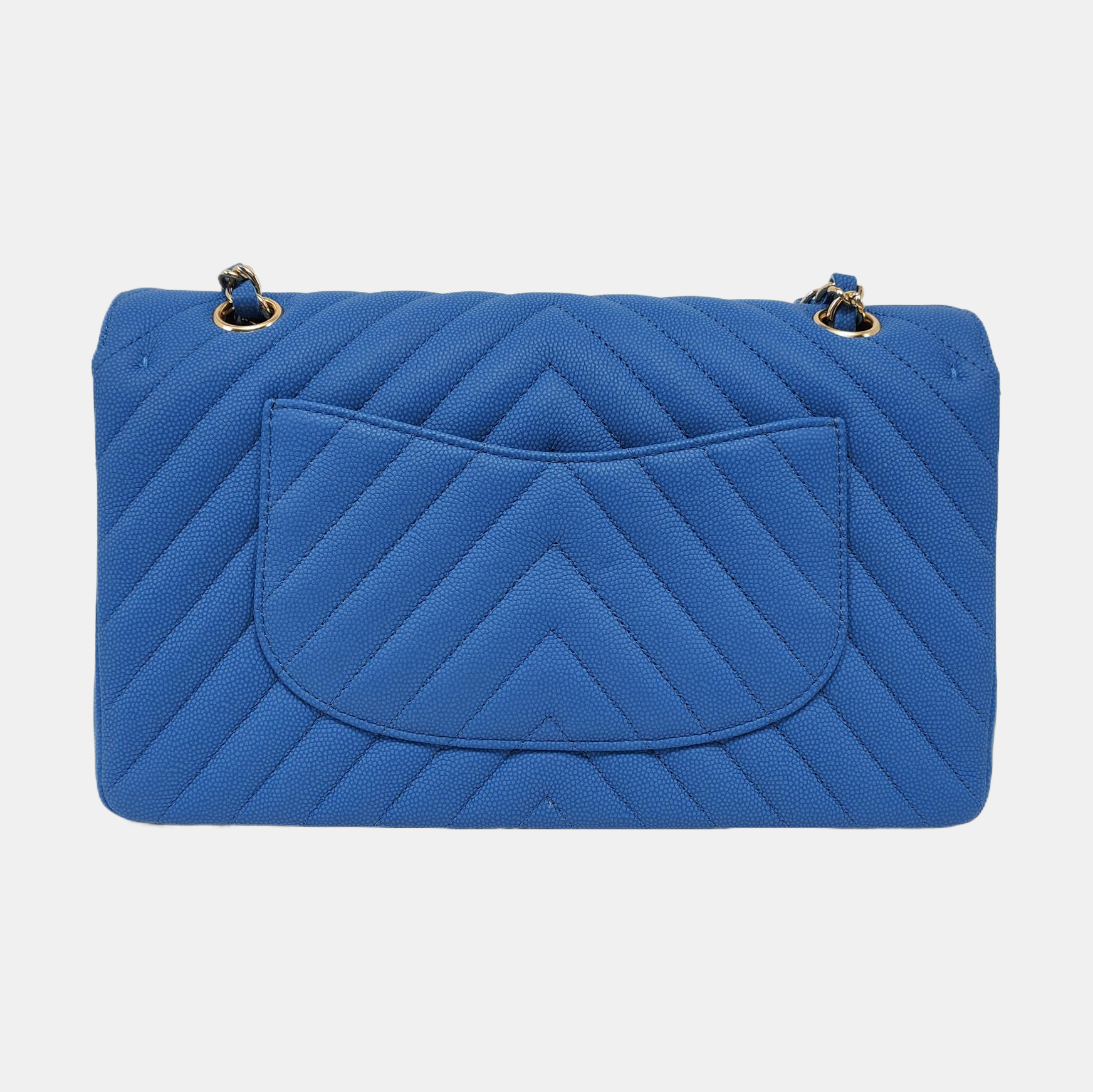 Authenticated pre-owned  Classic Flap Medium Chevron Grained Calfskin Blue - Shoulder Bag at Looply