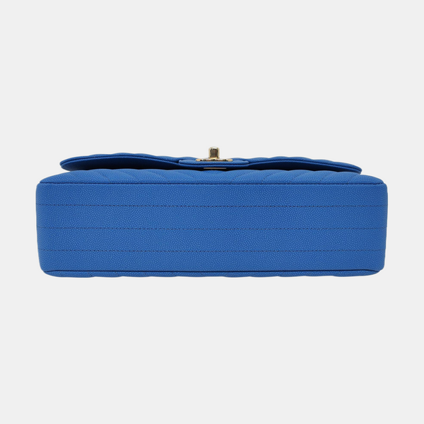 Authenticated pre-owned  Classic Flap Medium Chevron Grained Calfskin Blue - Shoulder Bag at Looply