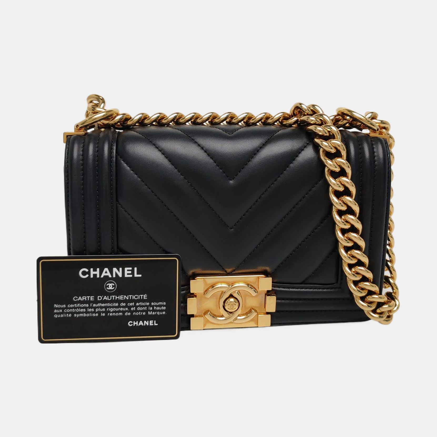 Authenticated pre-owned  Boy Chanel Small Chevron Calfskin Black - Shoulder Bag at Looply