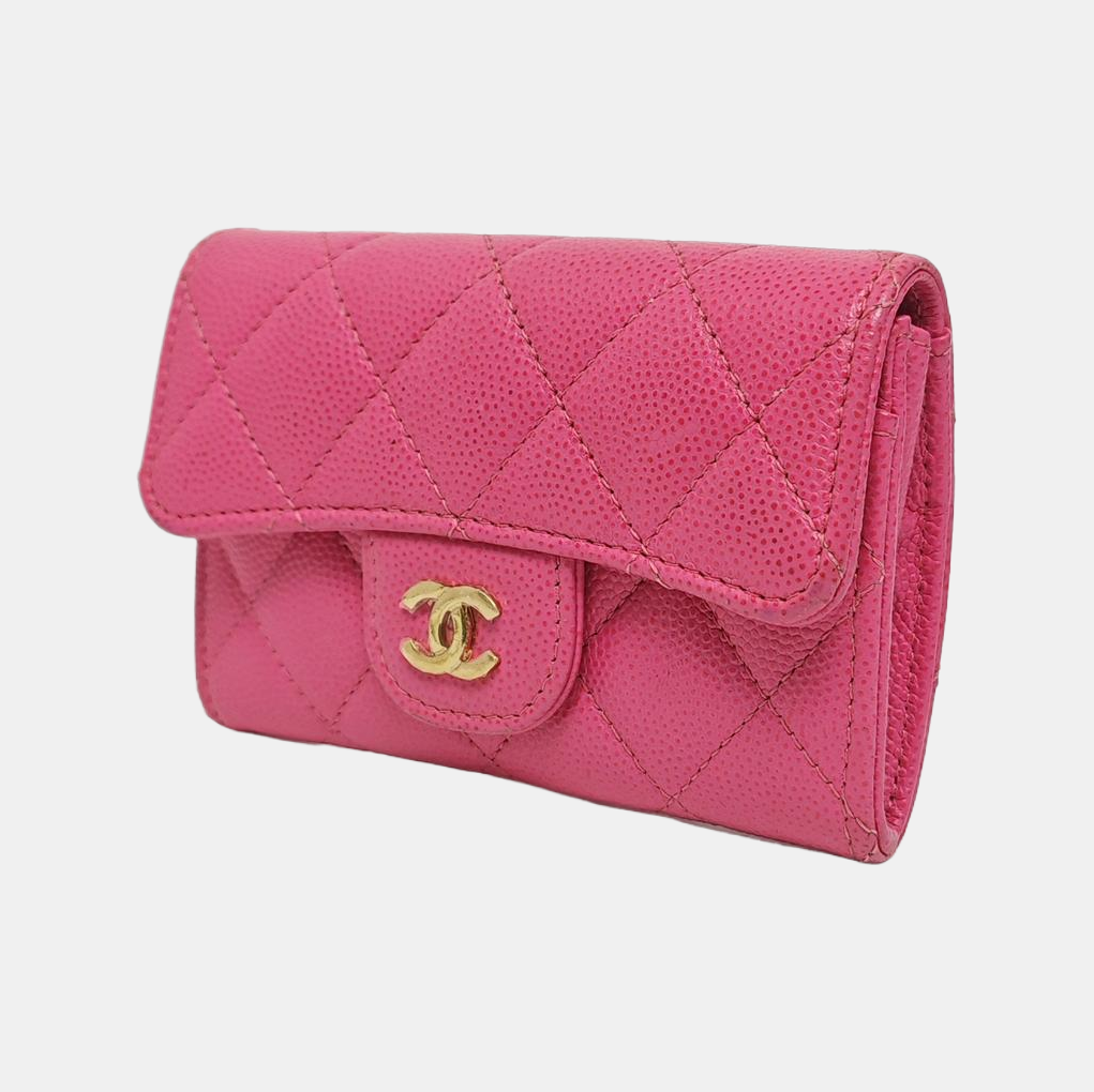 Authenticated pre-owned  Classic Flap Quilted Grained Calfskin Pink Card Holder - Card Holder at Looply