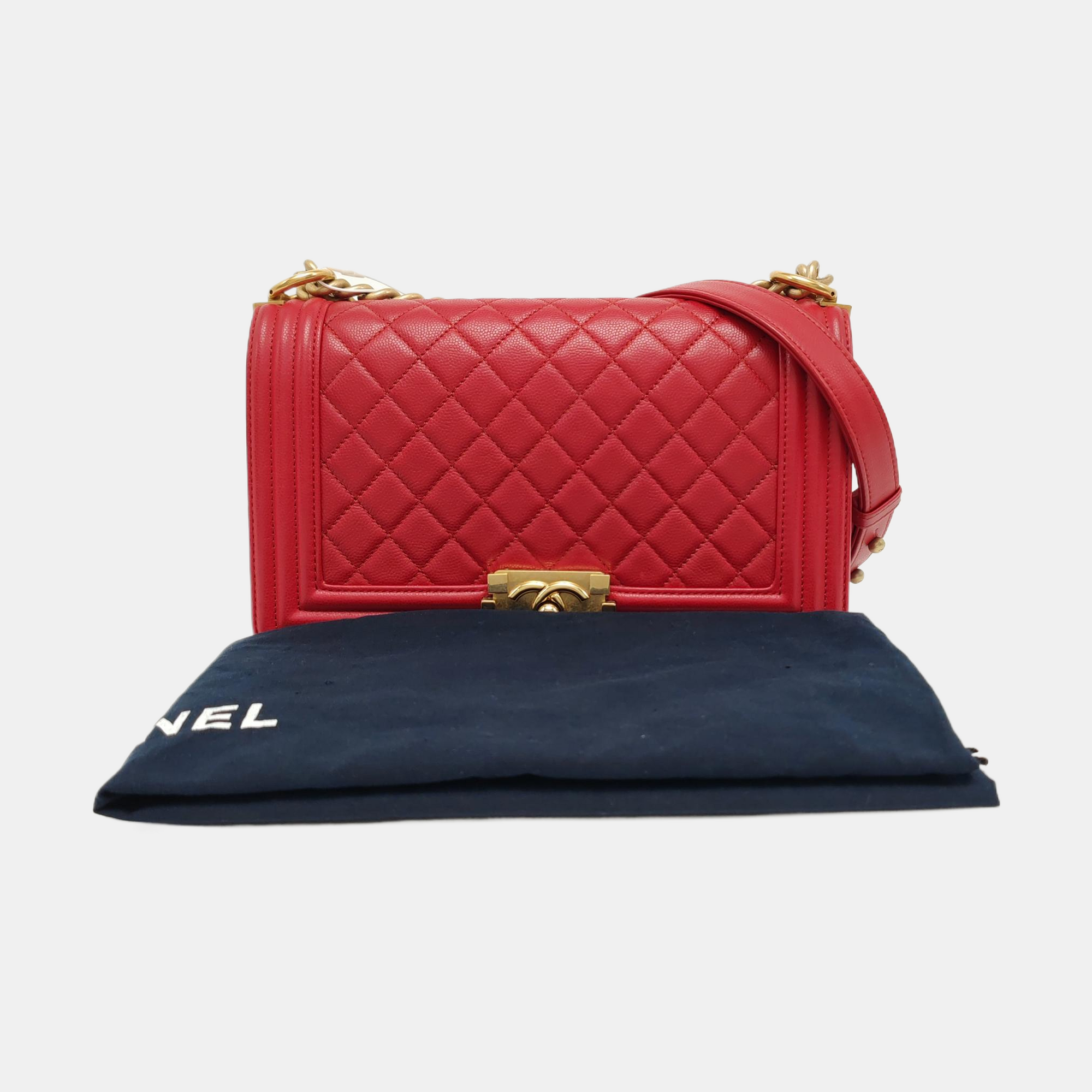 Authenticated pre-owned  Boy Chanel Medium Quilted Grained Calfskin Red - Shoulder Bag at Looply