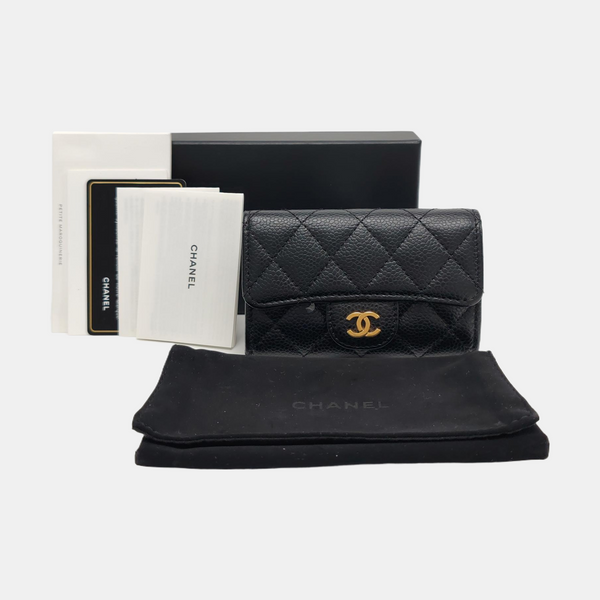 Authenticated pre-owned  Classic Flap Quilted Grained Calfskin Black Card Holder - Card Holder at Looply