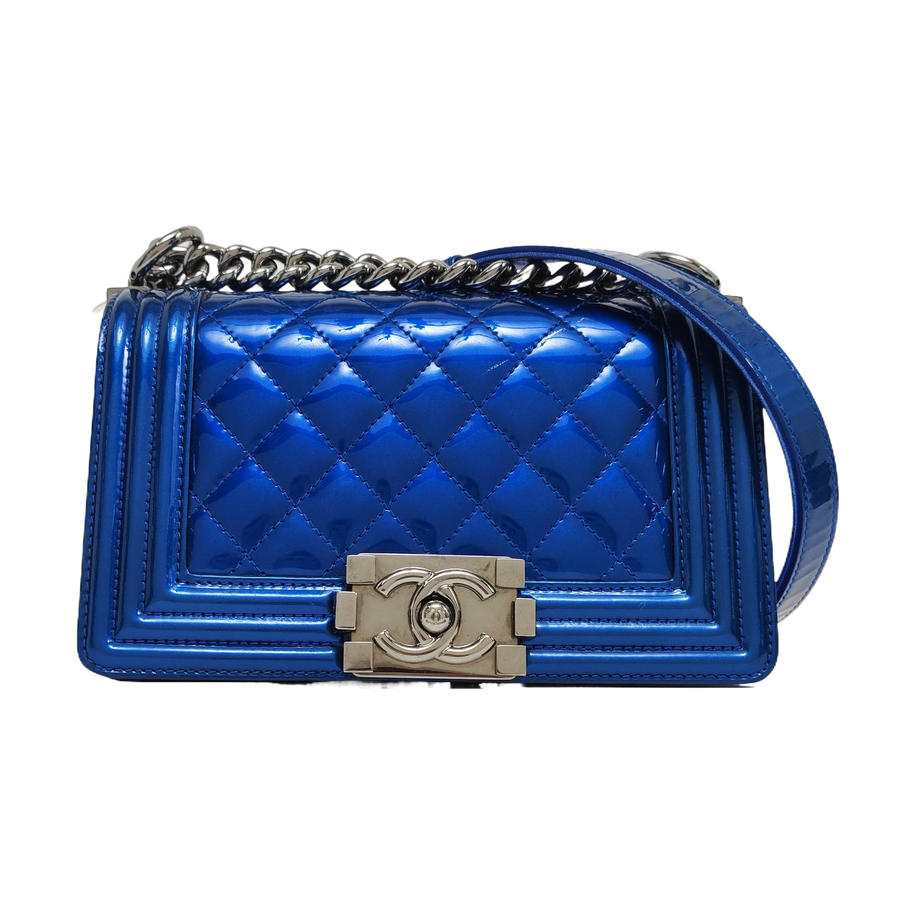 Authenticated pre-owned  Boy Chanel Small Quilted Patent Leather Blue - Shoulder Bag at Looply