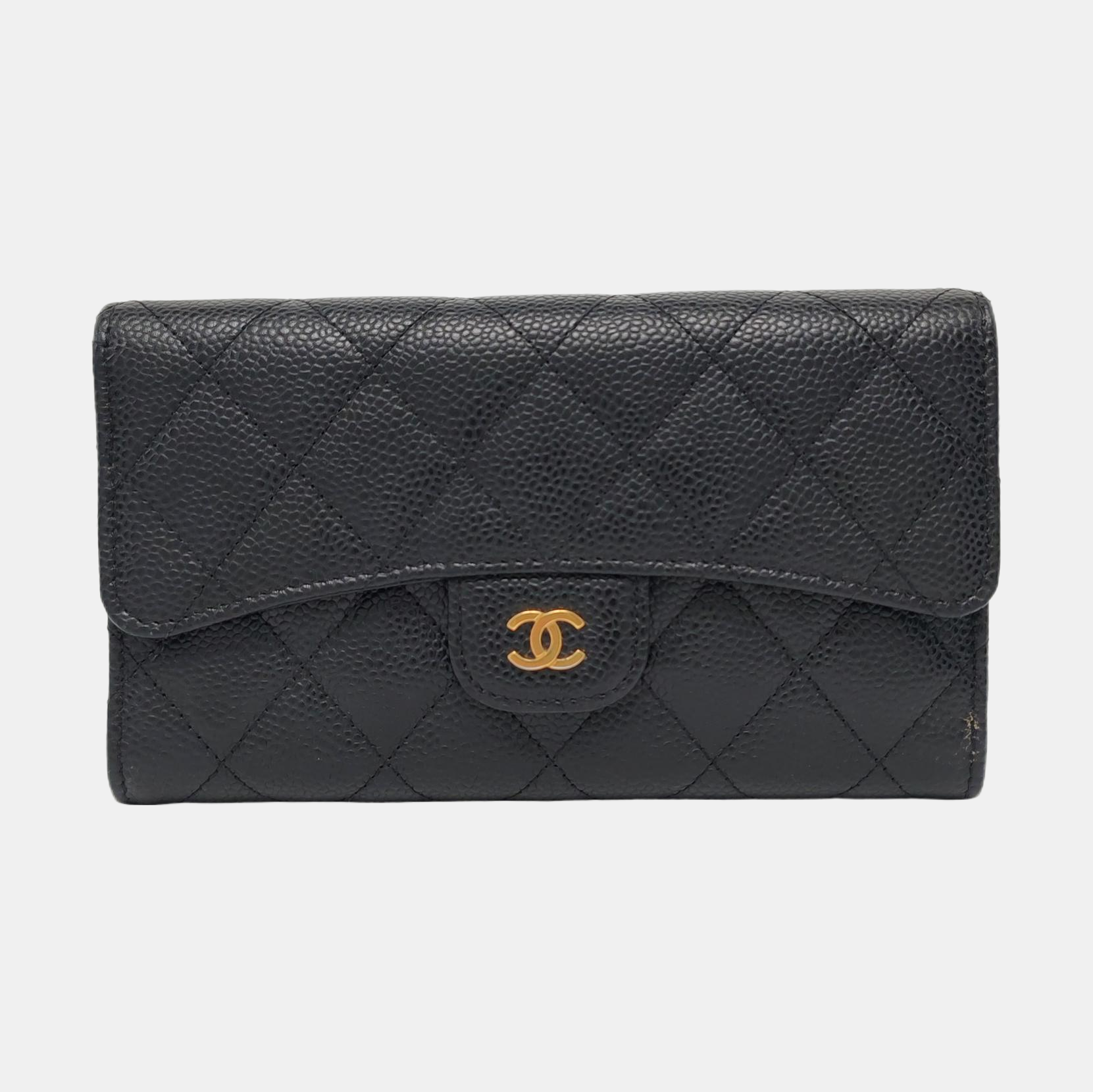 Quilted Grained Calfskin Wallet Black