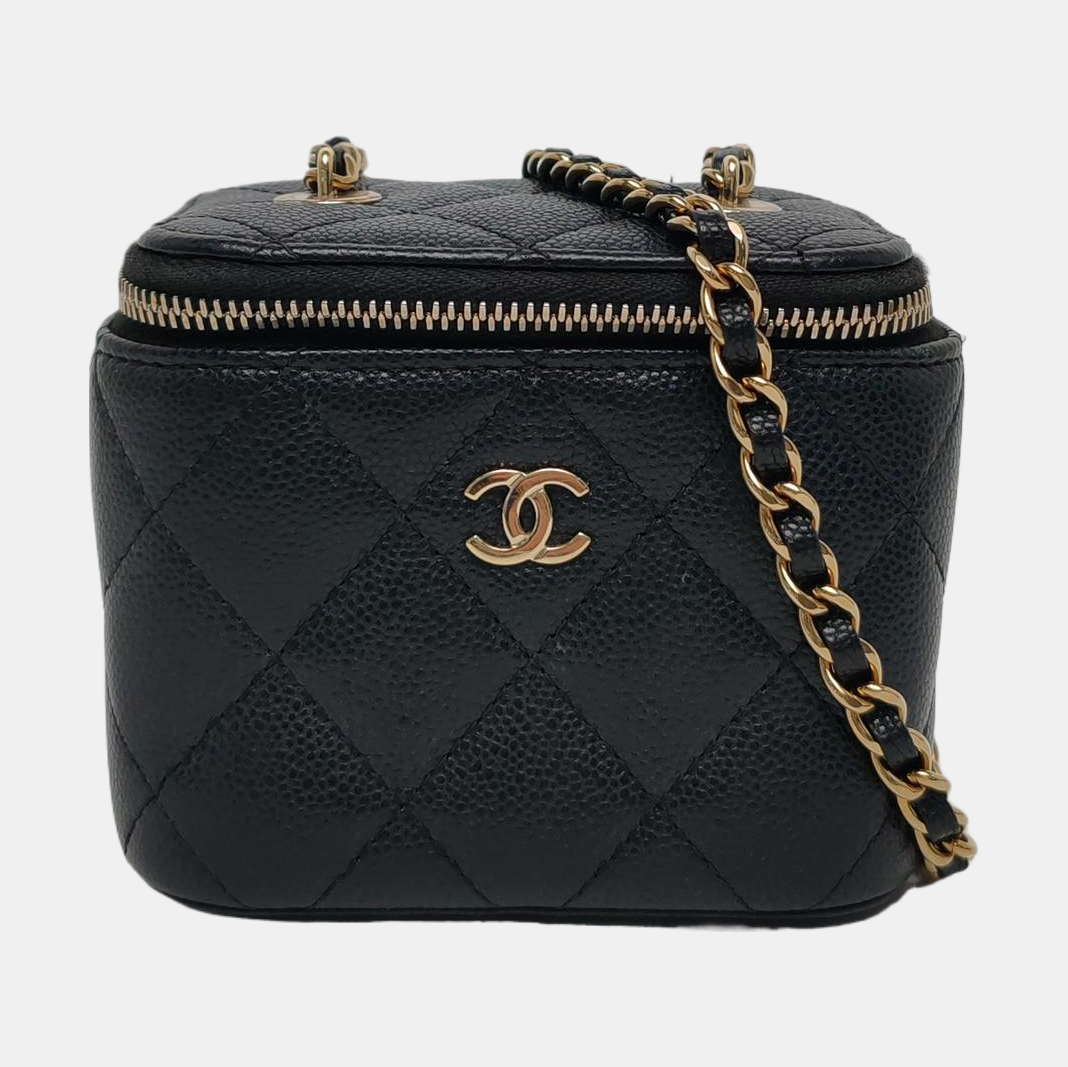 Authenticated pre-owned  Vanity Case Mini Quilted Grained Calfskin Black - Shoulder Bag at Looply
