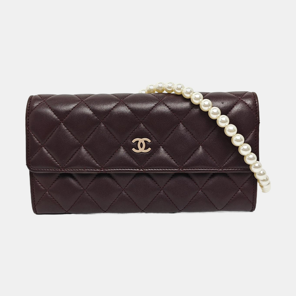 Authenticated pre-owned  Classic Flap Quilted Lambskin Burgundy Wallet - Wallet at Looply