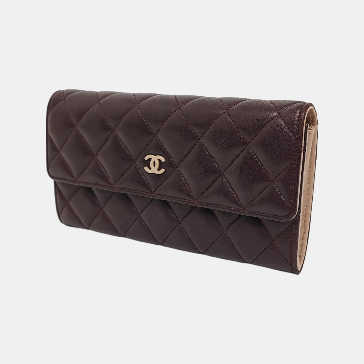 Authenticated pre-owned  Classic Flap Quilted Lambskin Burgundy Wallet - Wallet at Looply