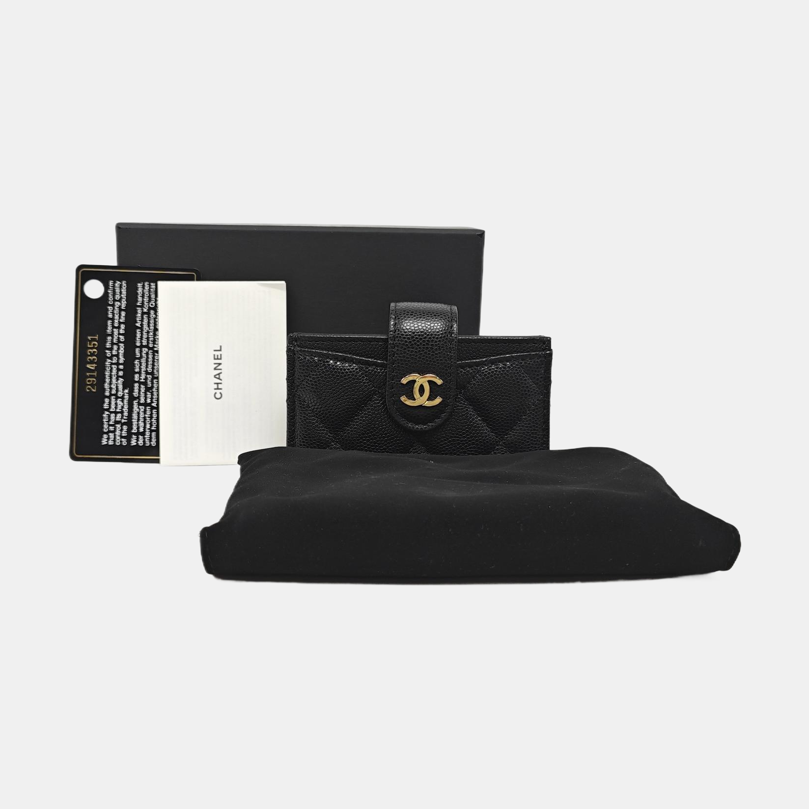Quilted Grained Calfskin Card Holder Black