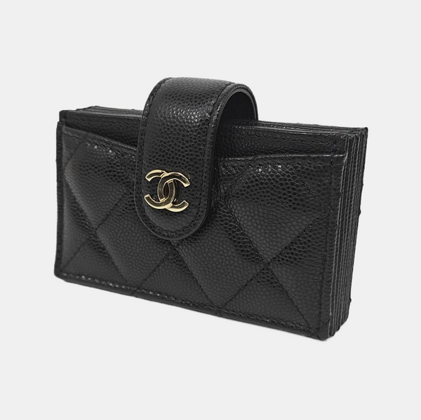 Quilted Grained Calfskin Card Holder Black