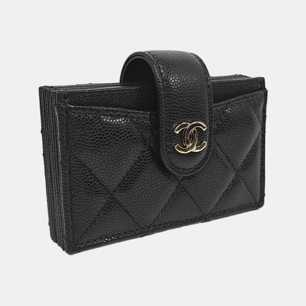 Quilted Grained Calfskin Card Holder Black