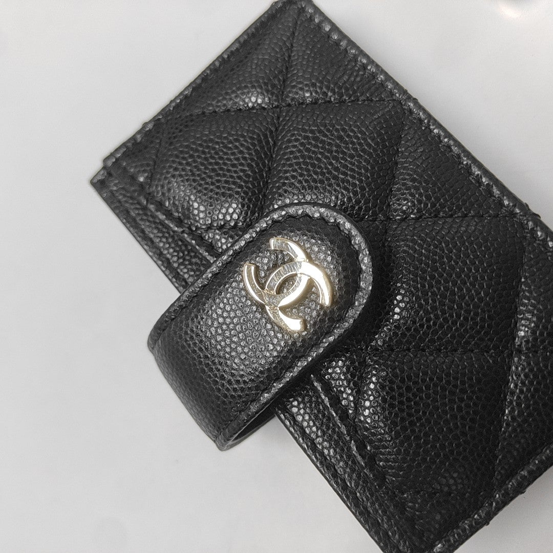 Quilted Grained Calfskin Card Holder Black