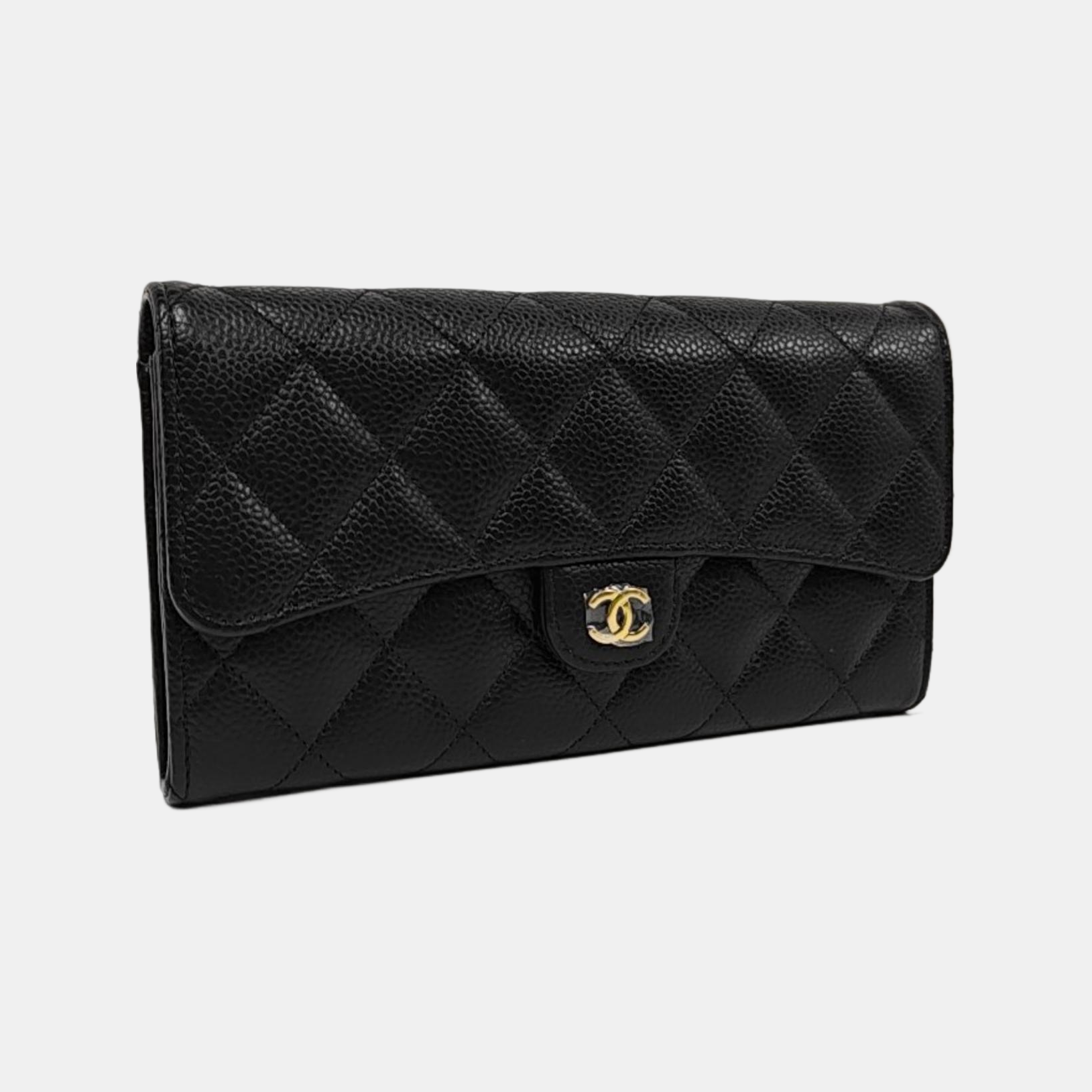 Authenticated pre-owned  Classic Flap Quilted Grained Calfskin Black Wallet - Wallet at Looply