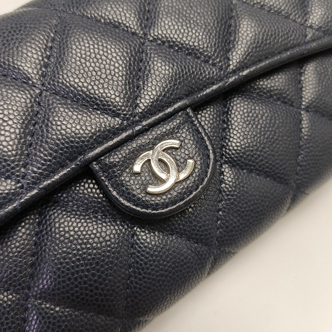 Quilted Grained Calfskin Wallet Blue