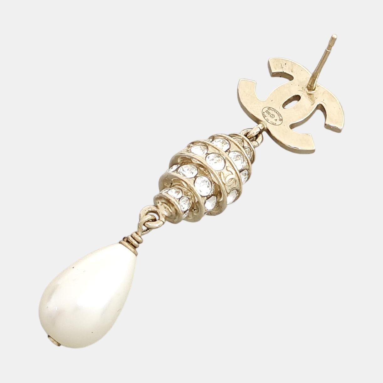 Authenticated pre-owned  CC Large Pendant Stud Gold-tone Metal Synthetic Crystal Faux Pearl Earring - Earrings at Looply