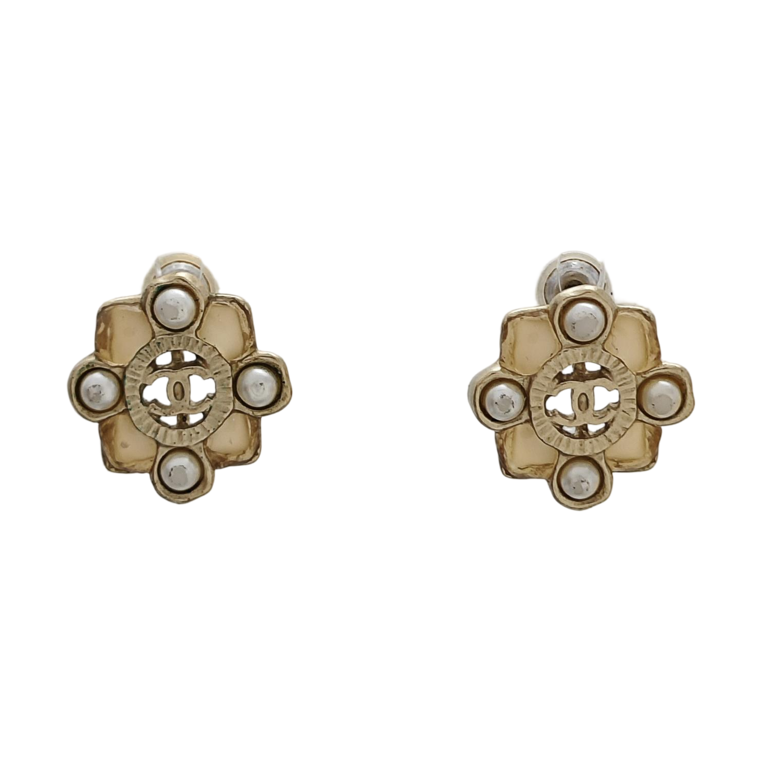 Authenticated pre-owned  CC Stud Earrings Gold-tone Metal Faux Pearl Earring - Earrings at Looply