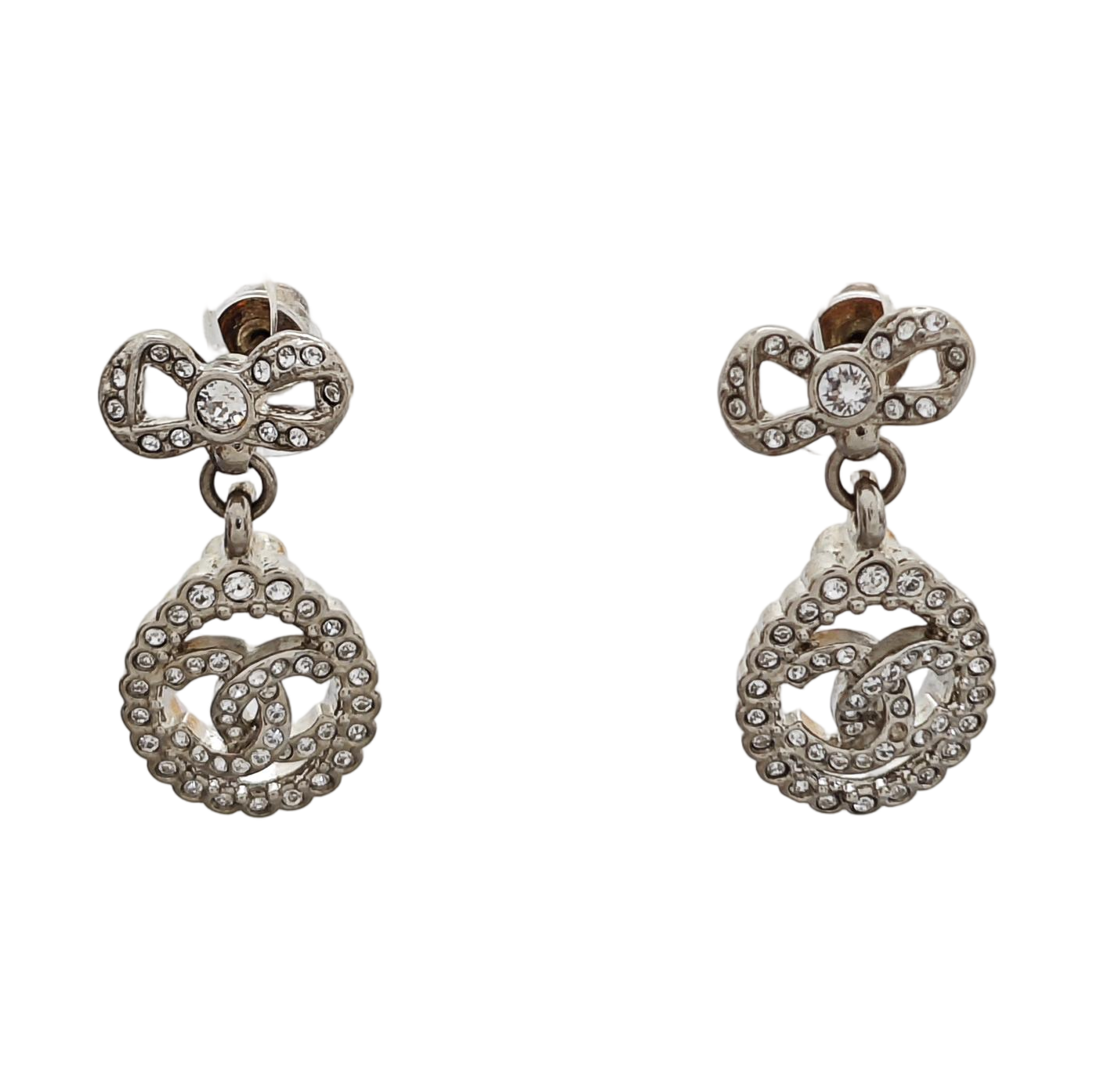 Authenticated pre-owned  CC Small Pendant Stud Earrings Under 5cm Silver-tone Metal Synthetic Crystal Silver Earring - Earrings at Looply