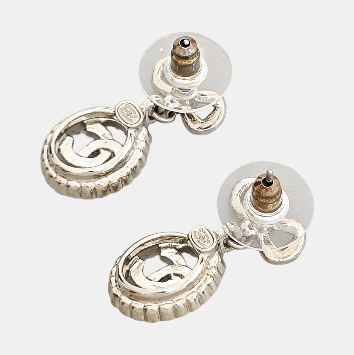 Authenticated pre-owned  CC Small Pendant Stud Earrings Under 5cm Silver-tone Metal Synthetic Crystal Silver Earring - Earrings at Looply