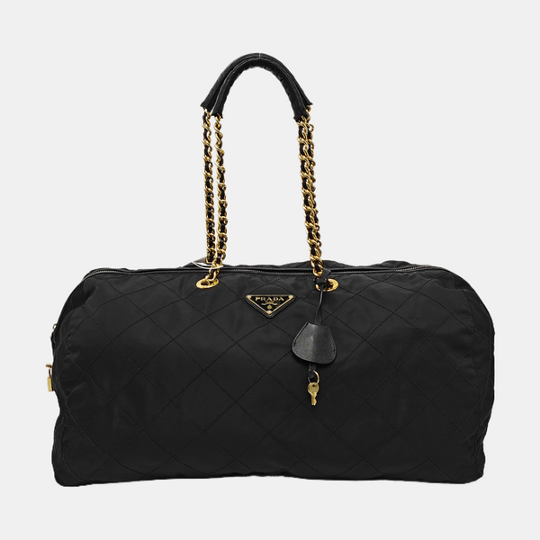 Quilted Nylon Top Handle Bag Black