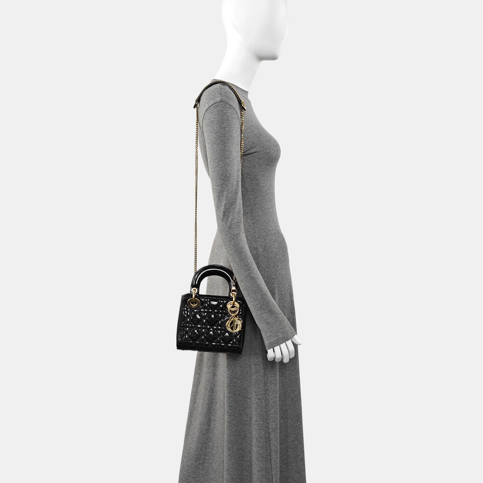 Lady Dior Mini Cannage Patent Leather Black