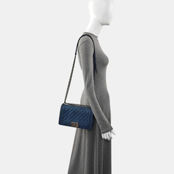 BOY CHANEL Medium Quilted Denim Blue
