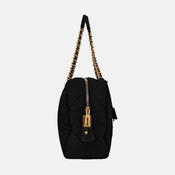 Quilted Nylon Top Handle Bag Black