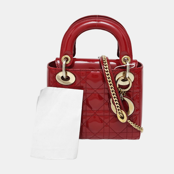 Lady Dior Mini Cannage Patent Calfskin Red