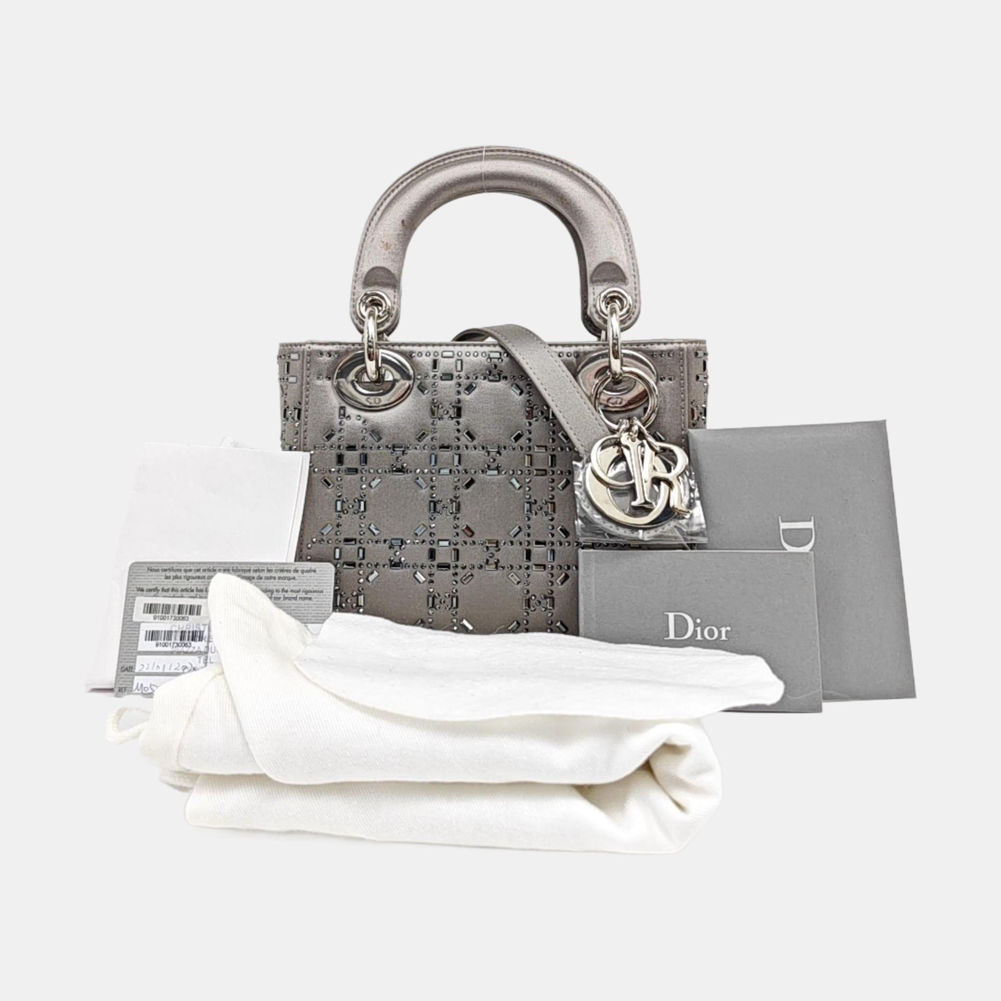 Lady Dior Mini Cannage Silk Satin Gray