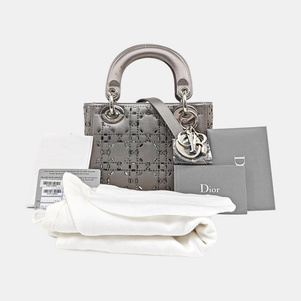 Lady Dior Mini Cannage Silk Satin Gray