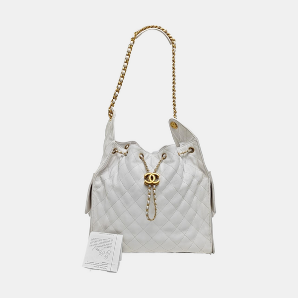 CHANEL 25 Mediano Piel de Becerro Acolchada Blanca