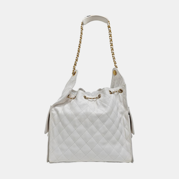 CHANEL 25 Mediano Piel de Becerro Acolchada Blanca