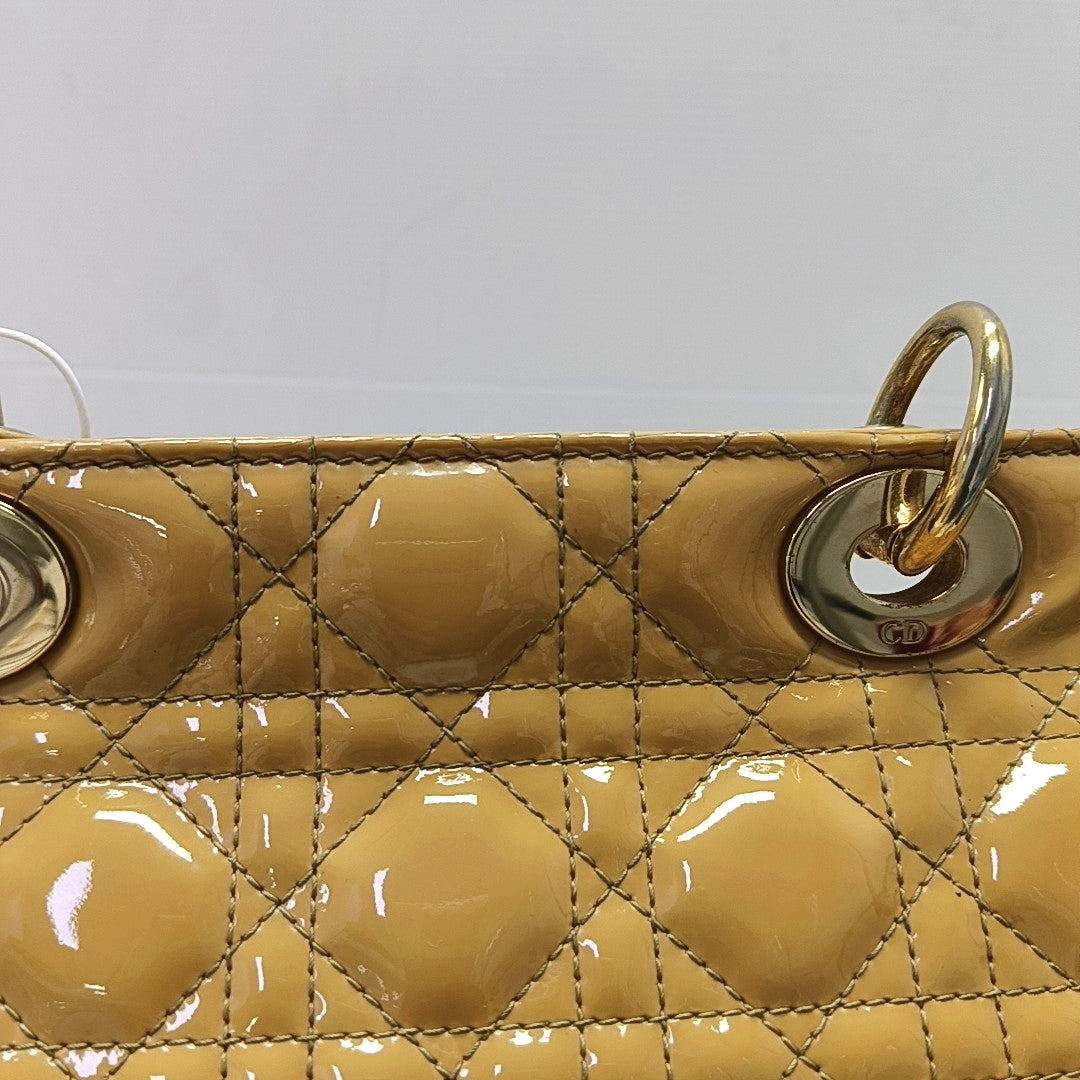 Authenticated pre-owned  Lady Dior Large Patent Leather Yellow - Top Handle Bag at Looply
