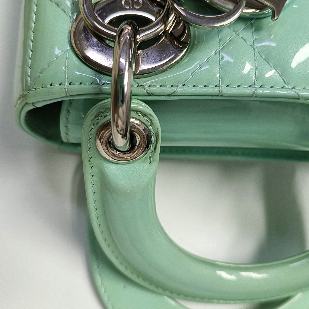 Authenticated pre-owned  Lady Dior Mini Patent Leather Green - Shoulder Bag at Looply