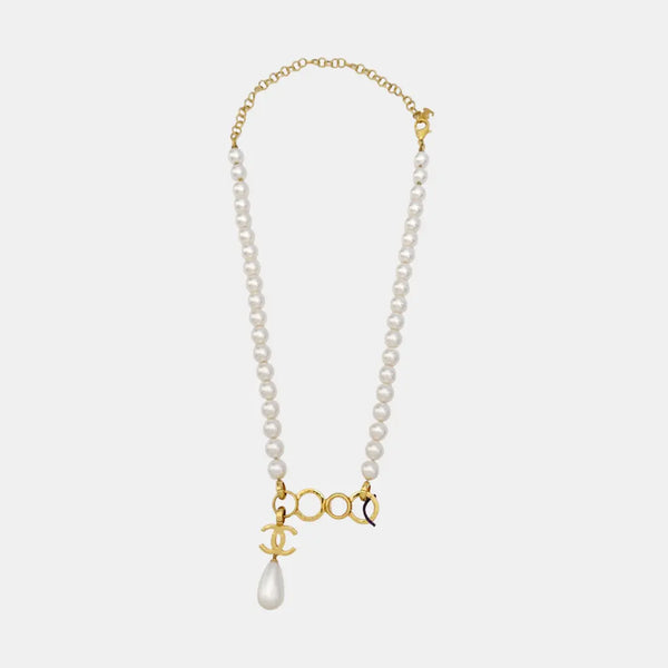 Authenticated pre-owned  White-tone Metal Pearl Necklace with Coco Mark - Necklace at Looply