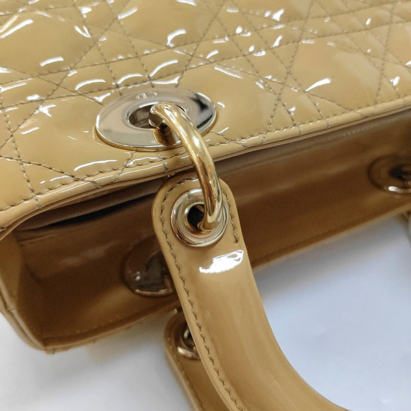 Authenticated pre-owned  Lady Dior Medium Patent Leather Yellow - Top Handle Bag at Looply