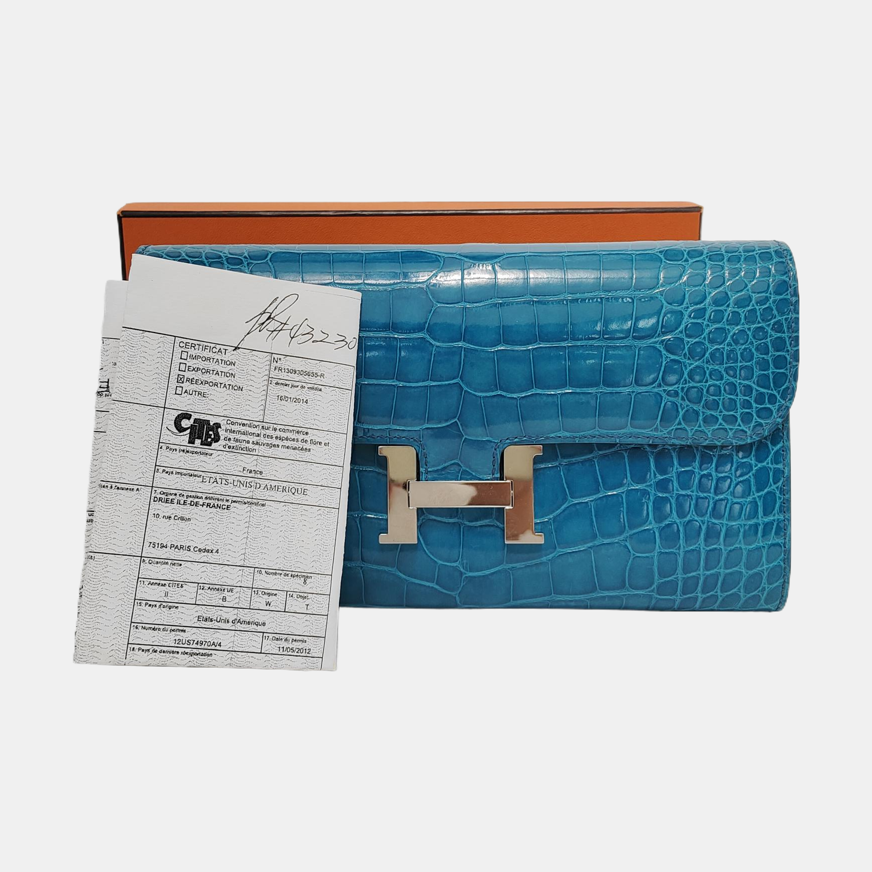 Authenticated pre-owned  Constance Shiny Porosus Crocodile Blue Wallet - Wallet at Looply