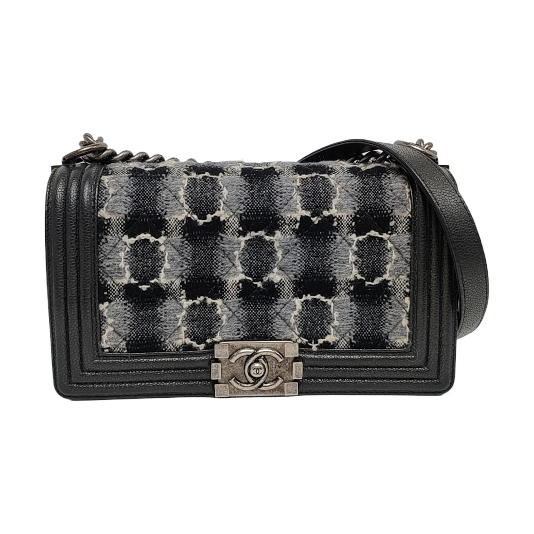 Authenticated pre-owned  Boy Chanel Medium Quilted Wool Black - Crossbody Bag at Looply