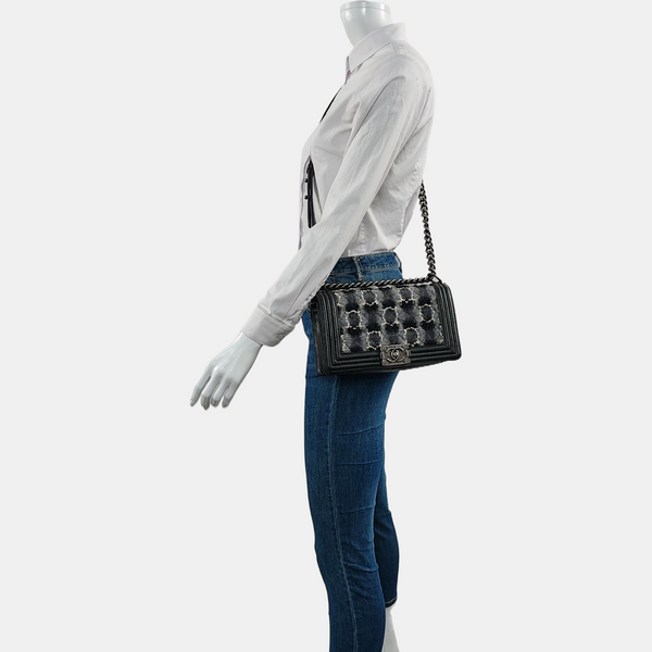 Authenticated pre-owned  Boy Chanel Medium Quilted Wool Black - Crossbody Bag at Looply