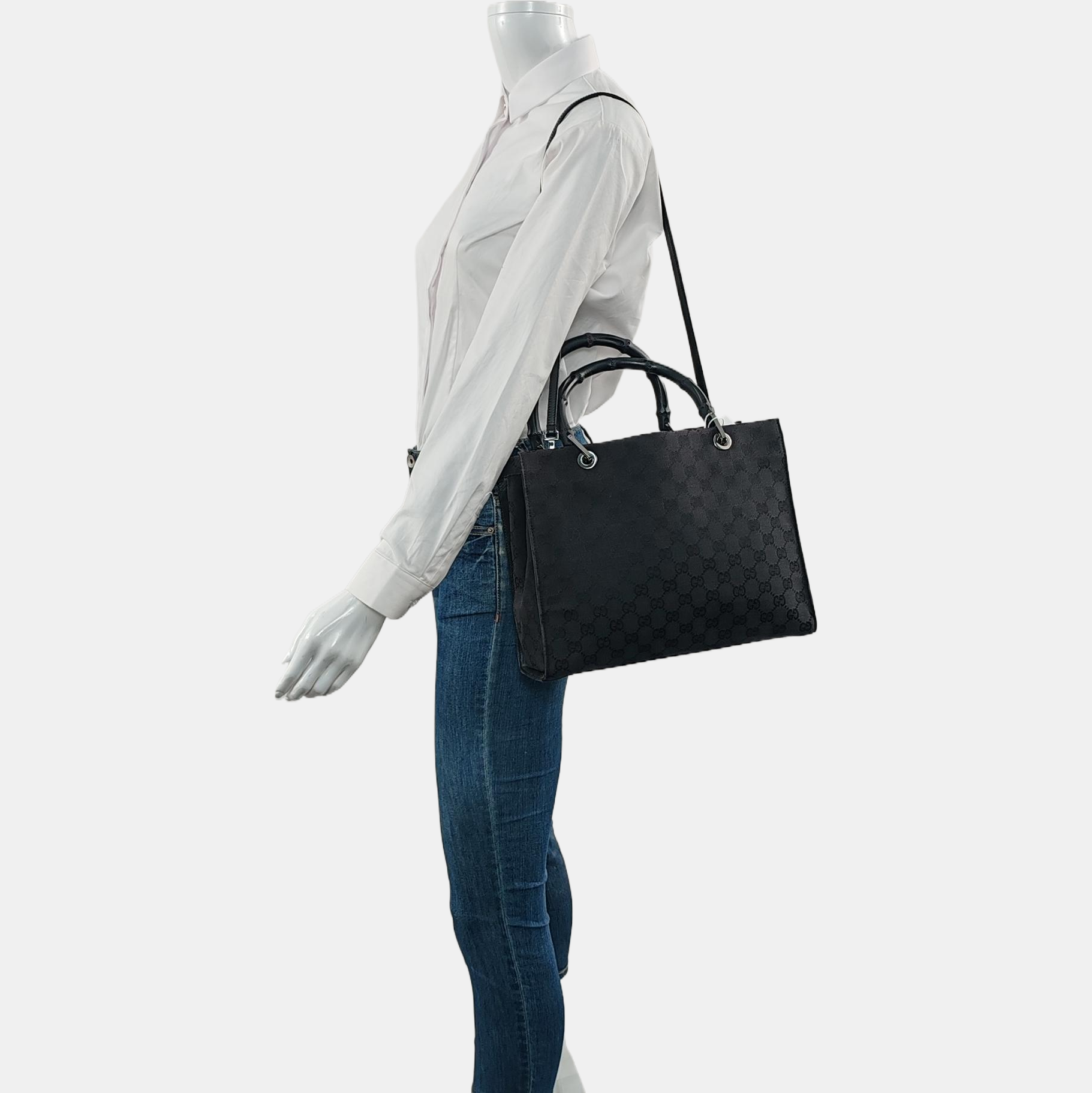 Authenticated pre-owned  Gucci Bamboo 1947 Monogram Fabric Black - Shoulder Bag at Looply