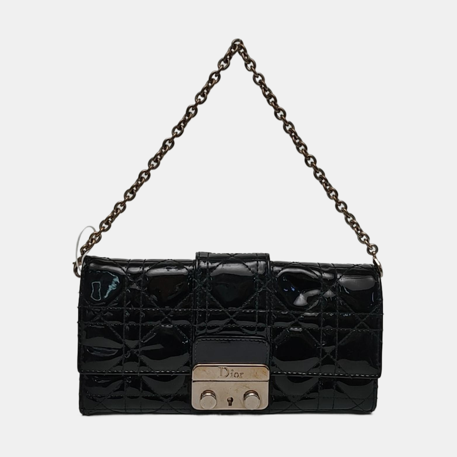 Authenticated pre-owned  Miss Dior Quilted Damier Patent Leather Black - Top Handle Bag at Looply