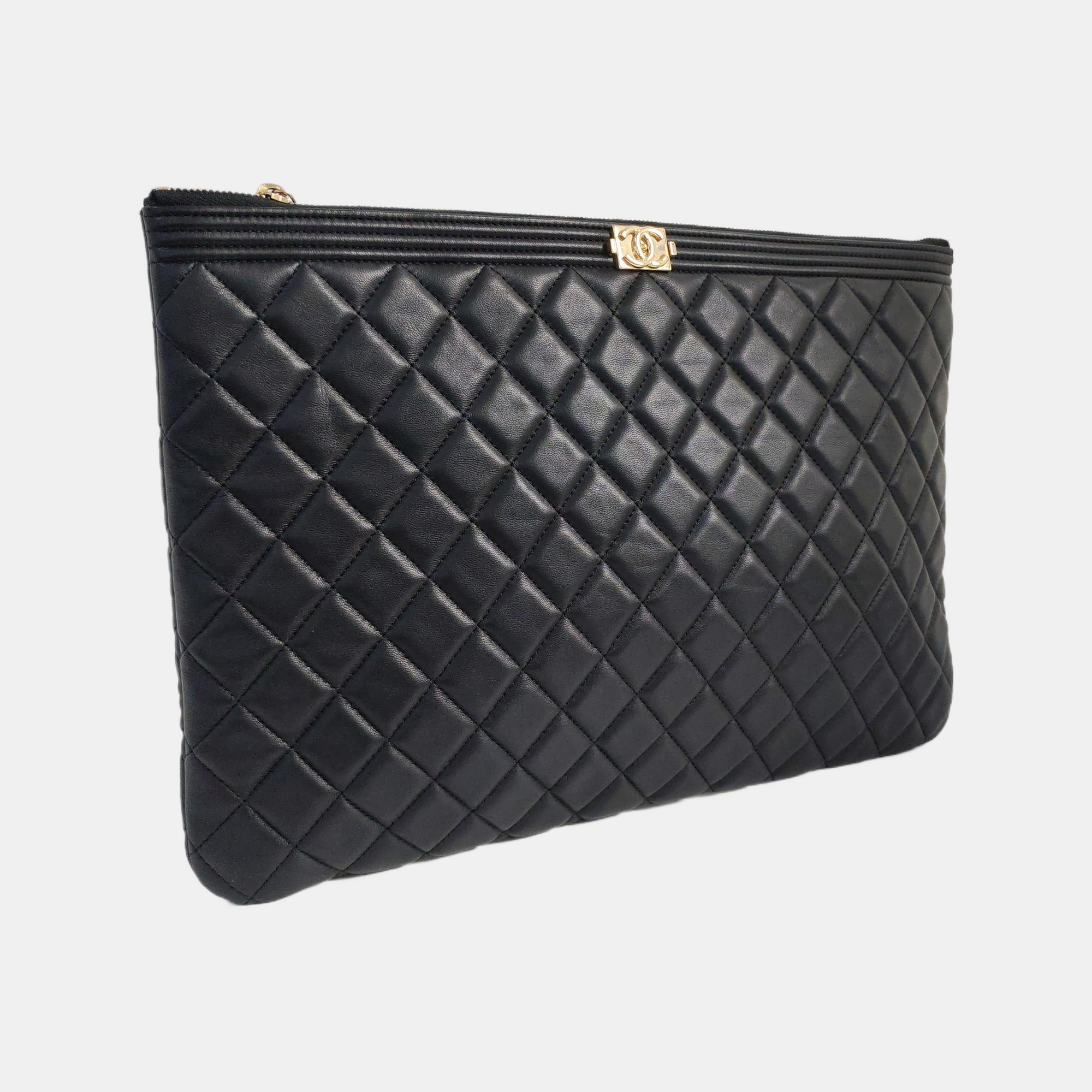 Authenticated pre-owned  Boy Chanel Large Quilted Lambskin Black - Clutch at Looply