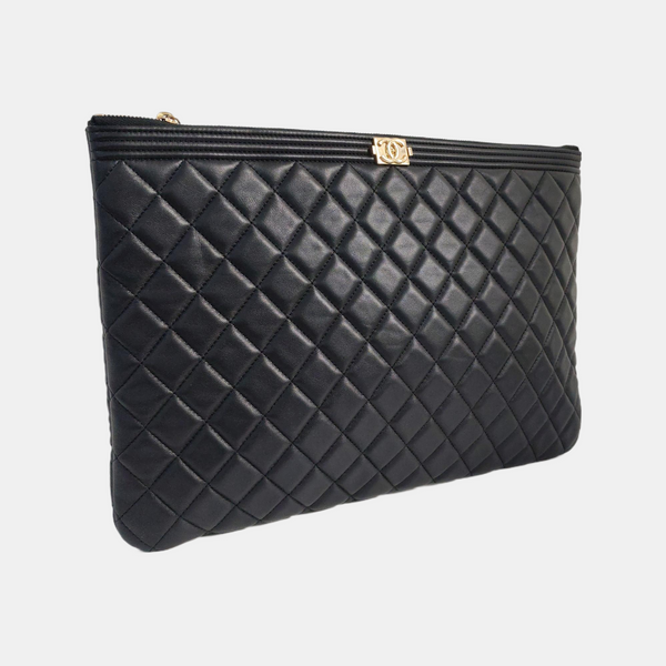 Authenticated pre-owned  Boy Chanel Large Quilted Lambskin Black - Clutch at Looply