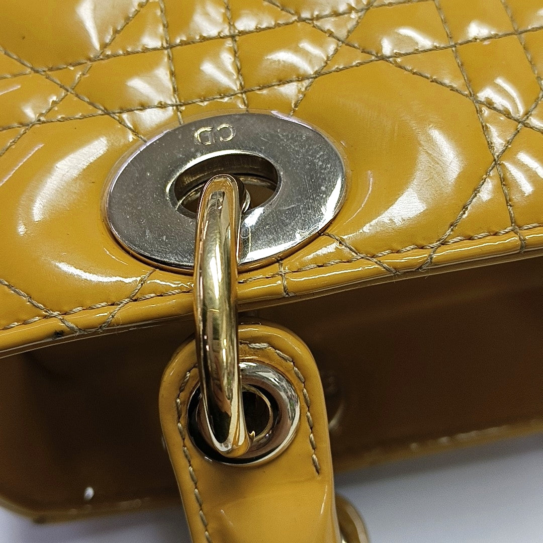 Authenticated pre-owned  Lady Dior Cannage Patent Leather Yellow - Shoulder Bag at Looply