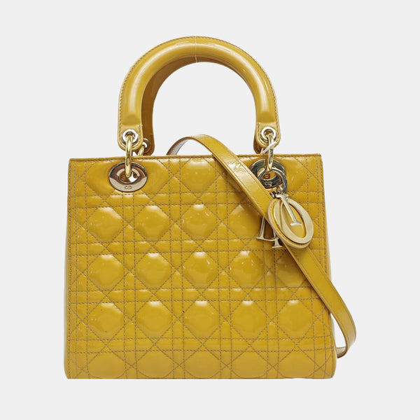 Authenticated pre-owned  Lady Dior Cannage Patent Leather Yellow - Shoulder Bag at Looply